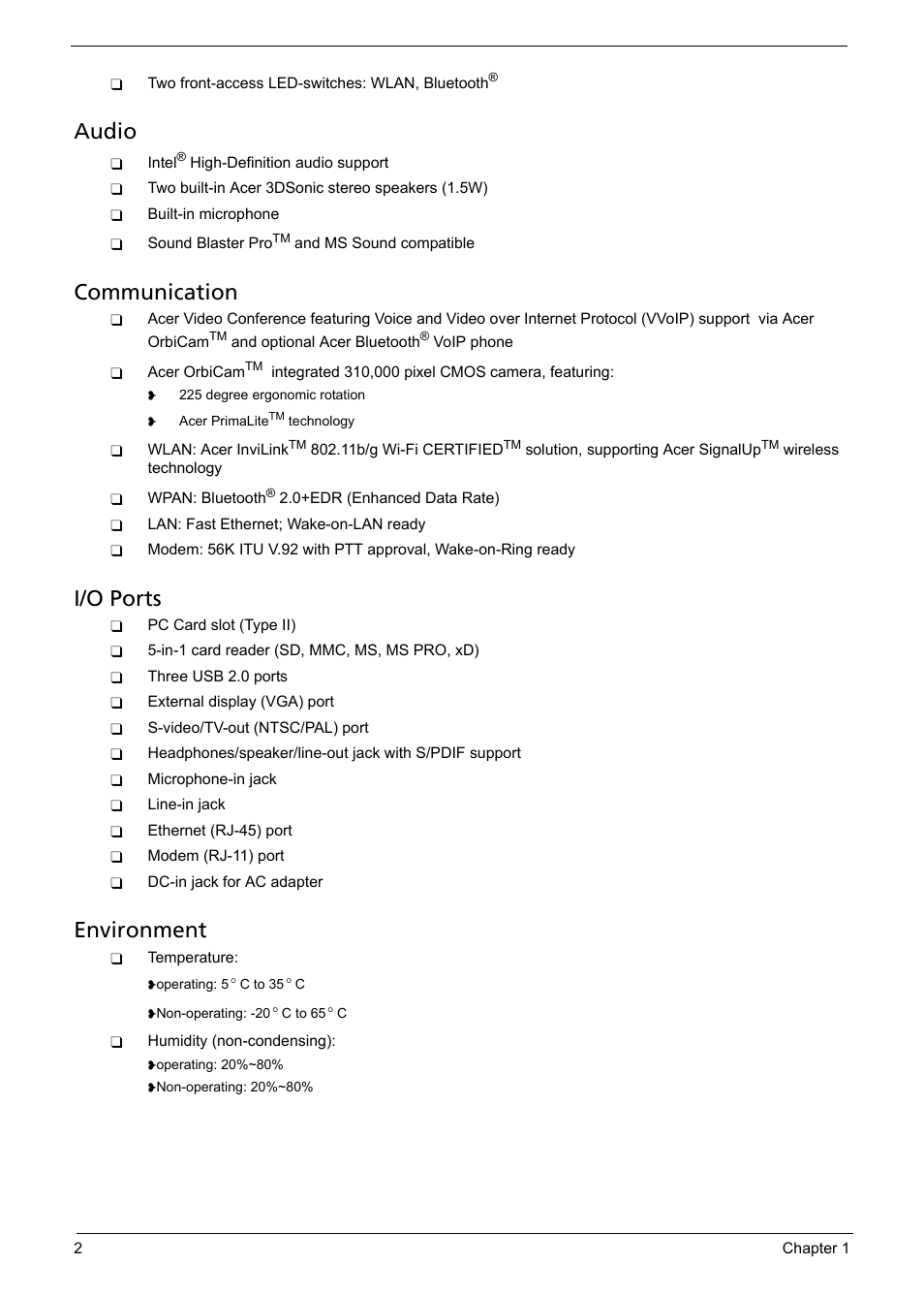 Audio, Communication, I/o ports | Environment | Aspire Digital 5050 User Manual | Page 10 / 157