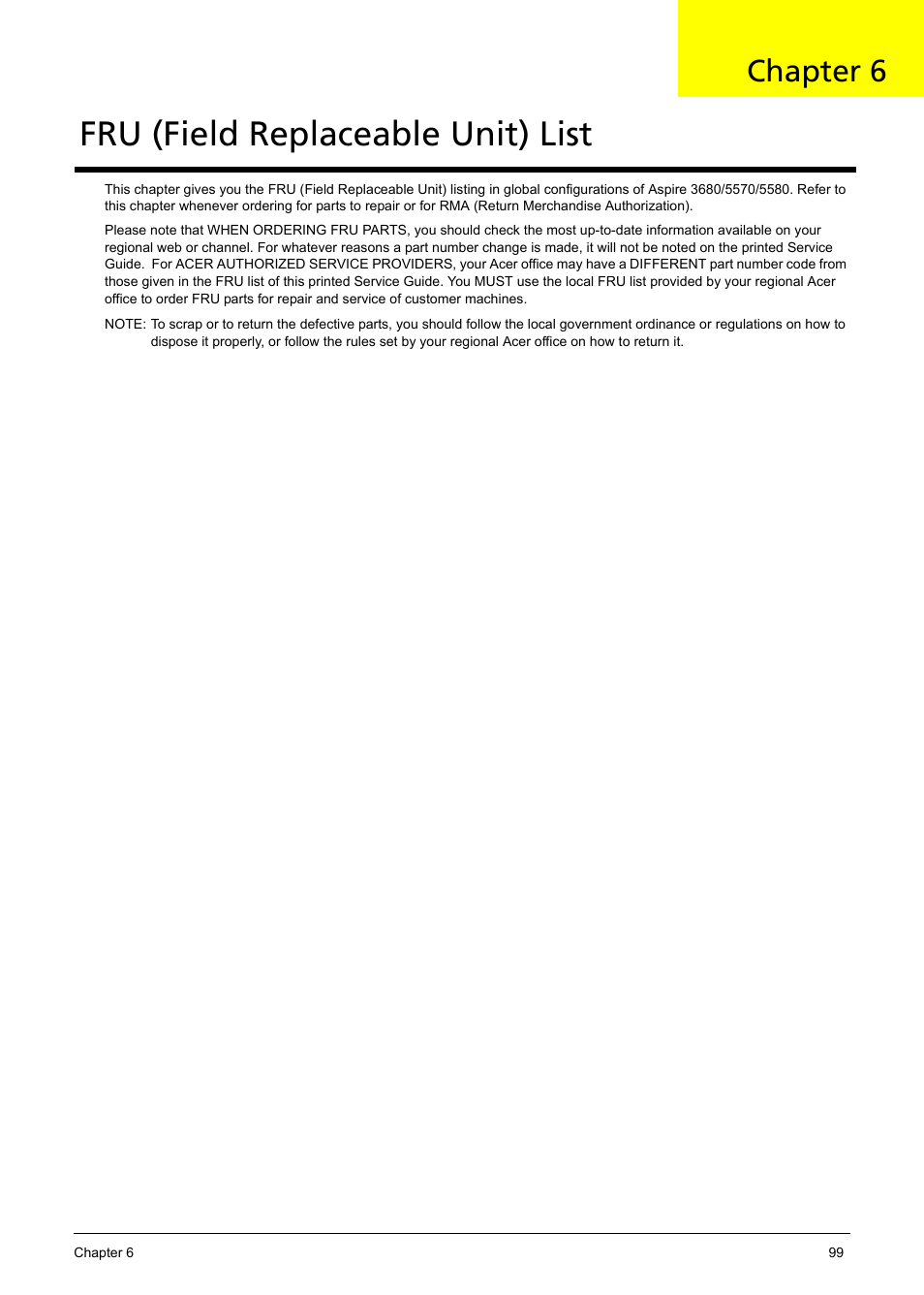 Fru (field replaceable unit) list, Chapter 6 | Aspire Digital 5050 User Manual | Page 107 / 157