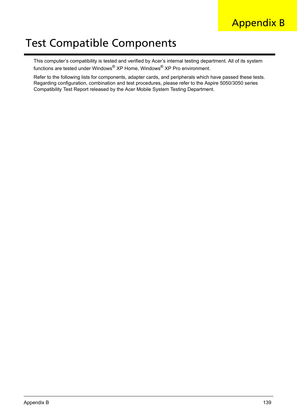 Test compatible components, Appendix b | Aspire Digital 5050 User Manual | Page 147 / 157