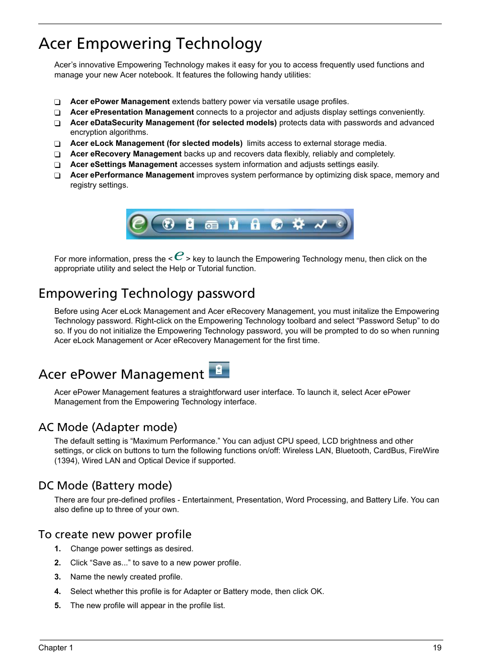 Acer empowering technology, Empowering technology password, Acer epower management | Ac mode (adapter mode), Dc mode (battery mode) | Aspire Digital 5050 User Manual | Page 27 / 157