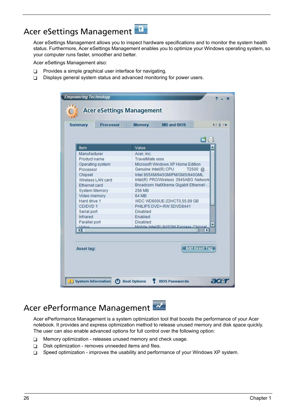 Acer esettings management, Acer eperformance management | Aspire Digital 5050 User Manual | Page 34 / 157