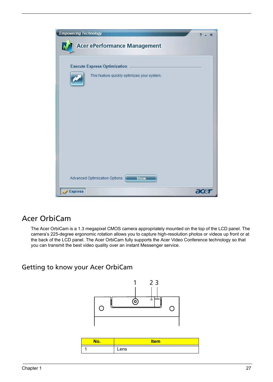 Acer orbicam, Getting to know your acer orbicam | Aspire Digital 5050 User Manual | Page 35 / 157
