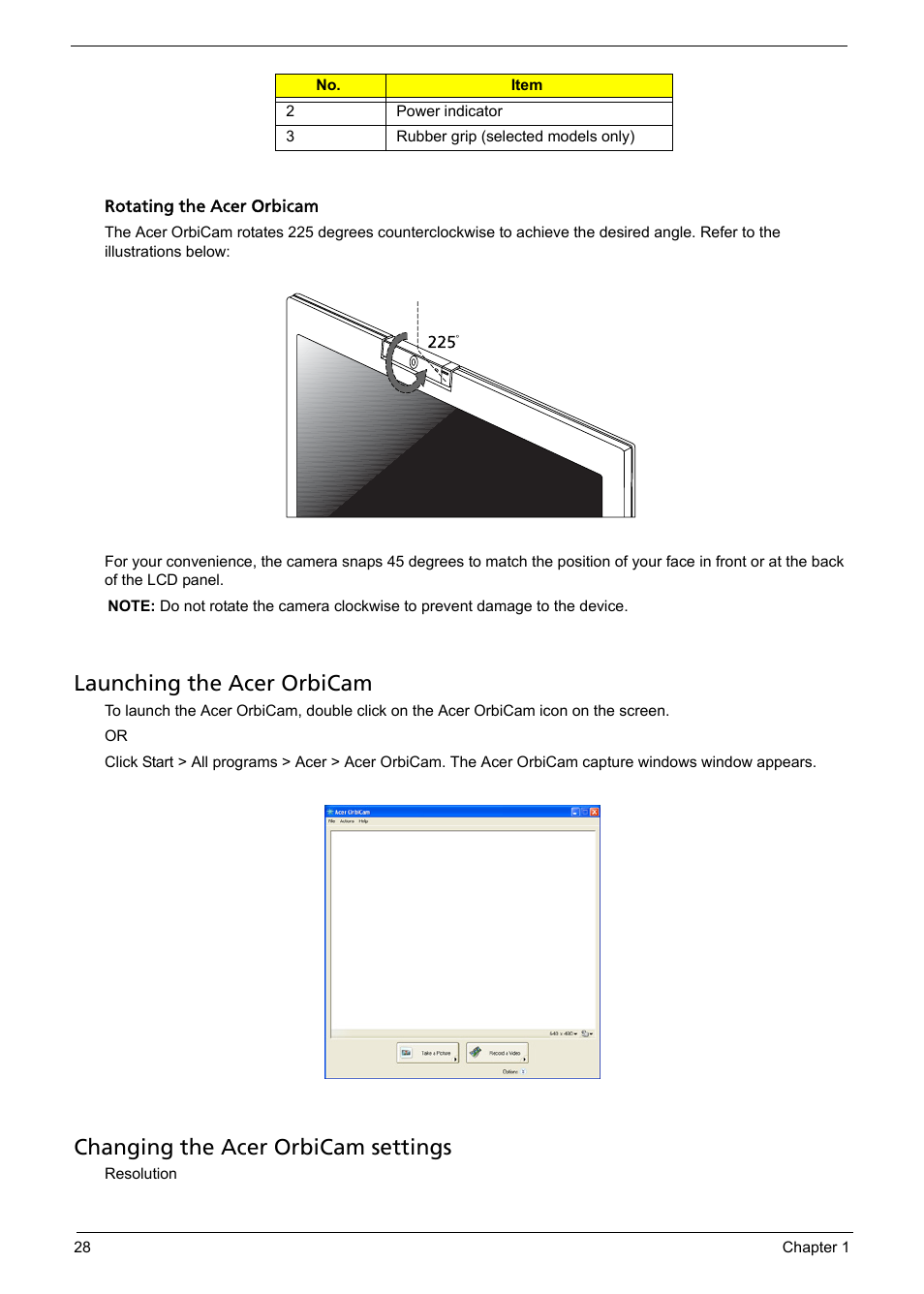 Launching the acer orbicam, Changing the acer orbicam settings | Aspire Digital 5050 User Manual | Page 36 / 157