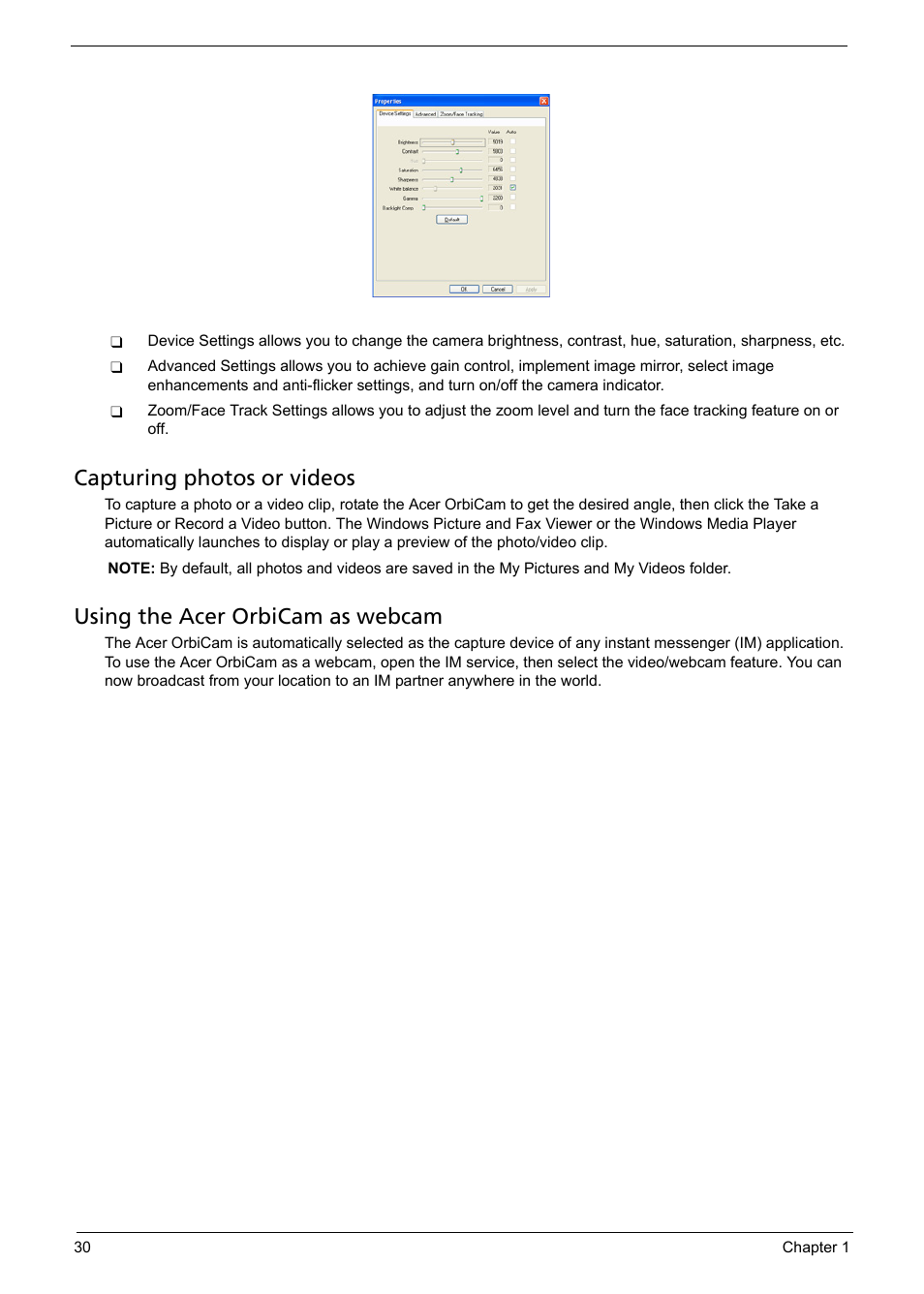 Capturing photos or videos, Using the acer orbicam as webcam | Aspire Digital 5050 User Manual | Page 38 / 157