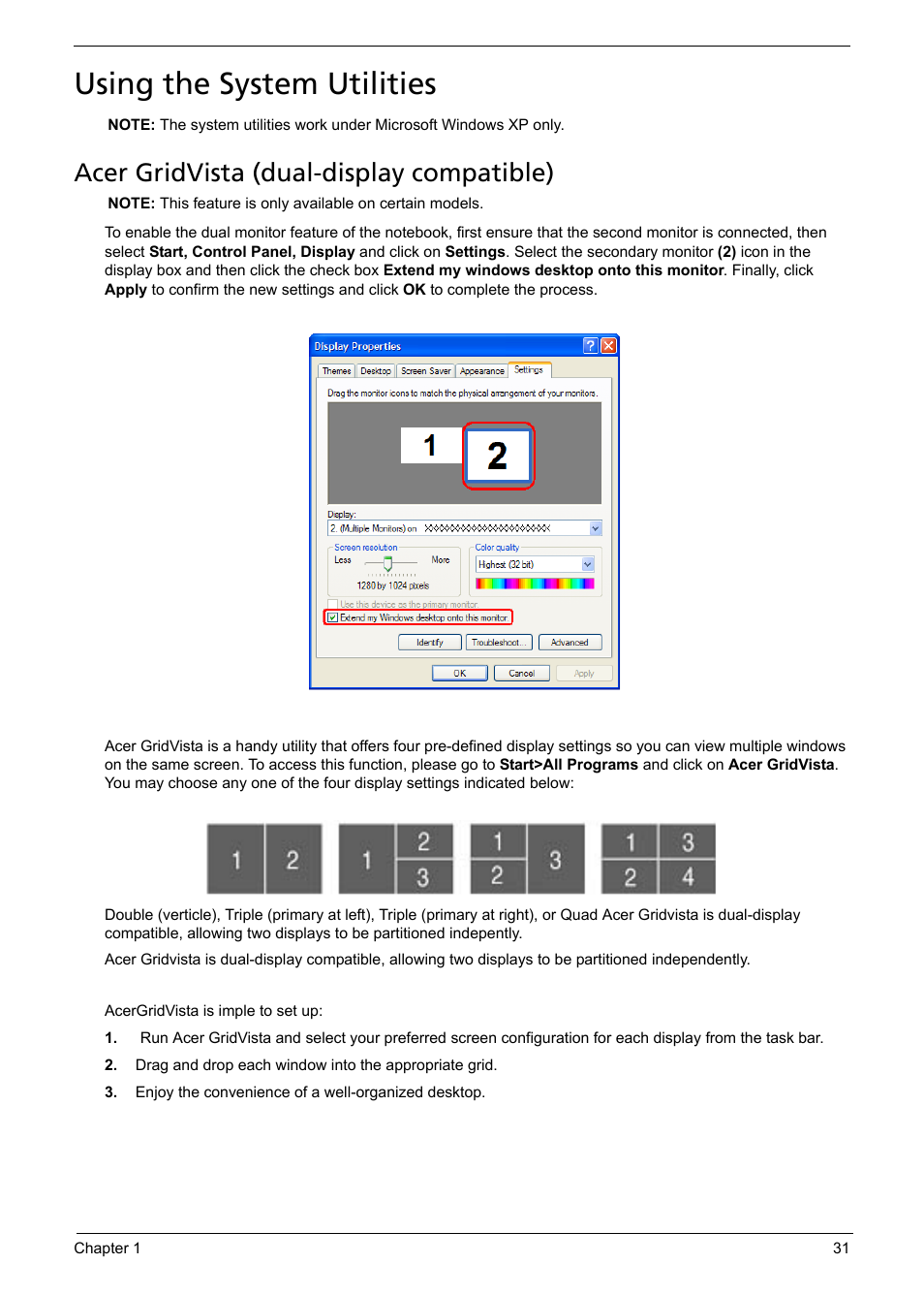 Using the system utilities, Acer gridvista (dual-display compatible) | Aspire Digital 5050 User Manual | Page 39 / 157