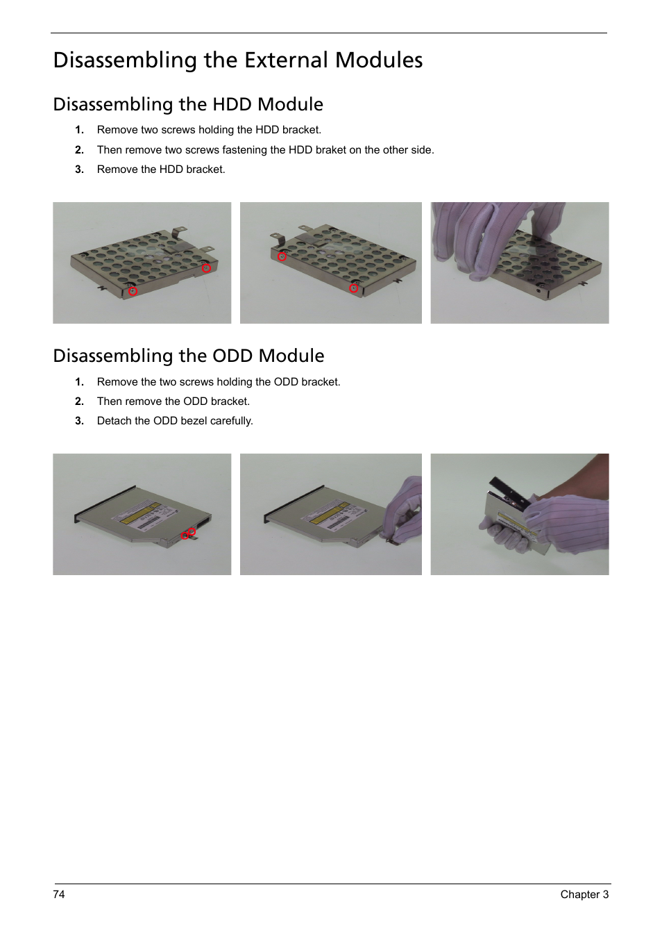 Disassembling the external modules, Disassembling the hdd module, Disassembling the odd module | Aspire Digital 5050 User Manual | Page 82 / 157