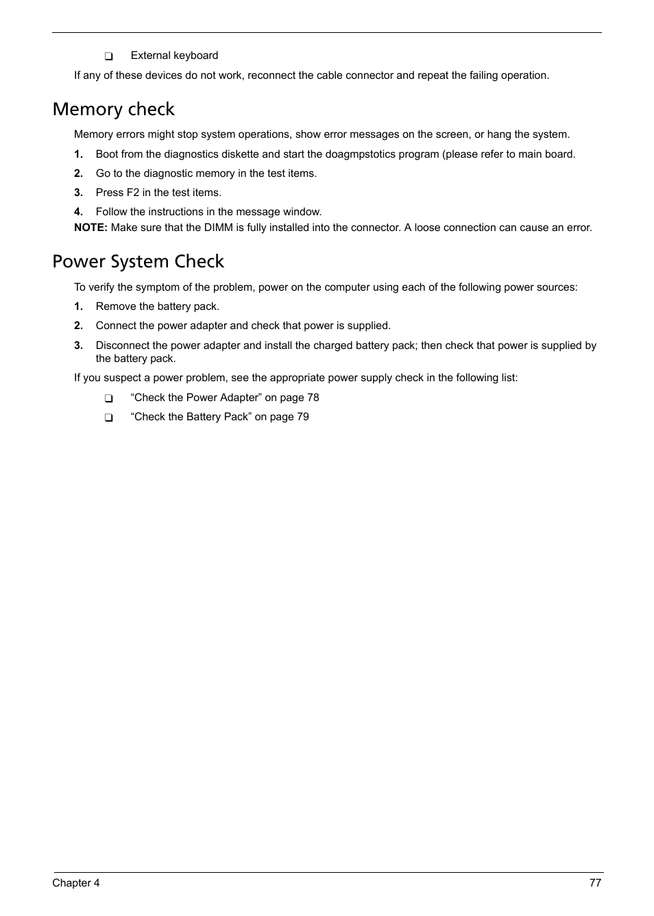 Memory check, Power system check | Aspire Digital 5050 User Manual | Page 85 / 157