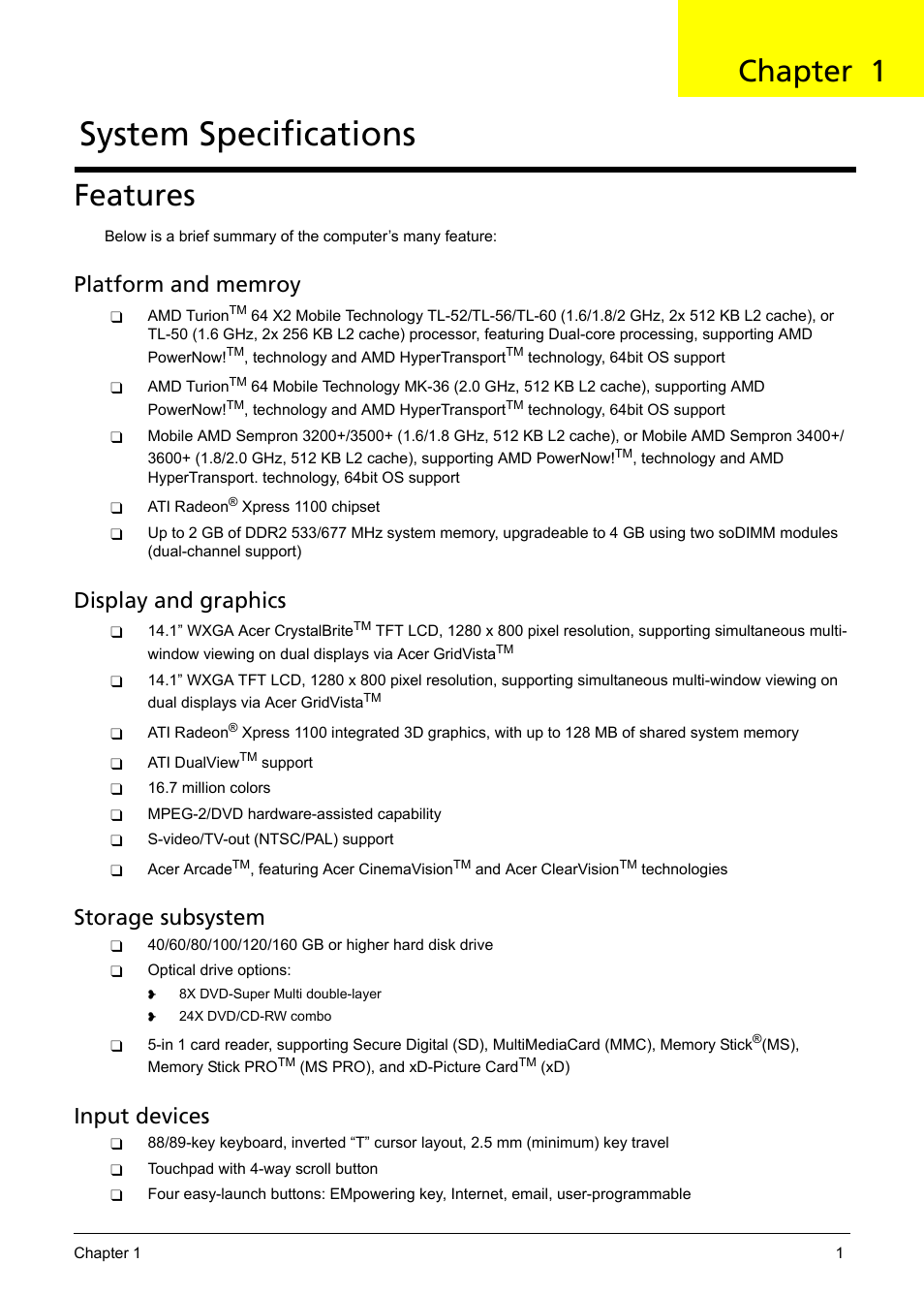 Features, System specifications, Chapter 1 | Platform and memroy, Display and graphics, Storage subsystem, Input devices | Aspire Digital 5050 User Manual | Page 9 / 157