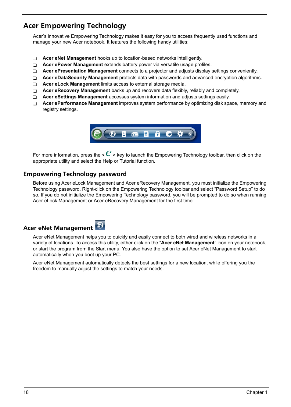 Acer empowering technology, Empowering technology password, Acer enet management | Em powering technology password | Aspire Digital 7520 User Manual | Page 24 / 106