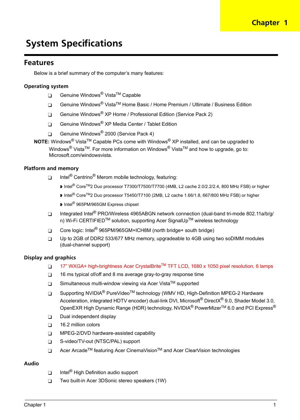 Features, System specifications, Chapter 1 | Aspire Digital 7520 User Manual | Page 7 / 106