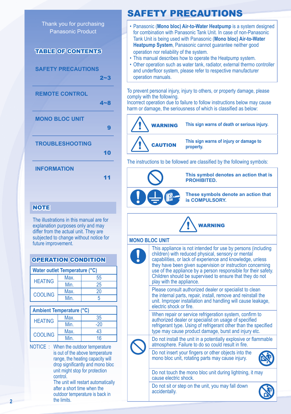 Safety precautions | Panasonic WHMXC09D3E8 User Manual | Page 2 / 92