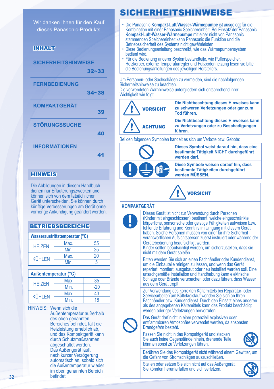 Sicherheitshinweise | Panasonic WHMXC09D3E8 User Manual | Page 32 / 92