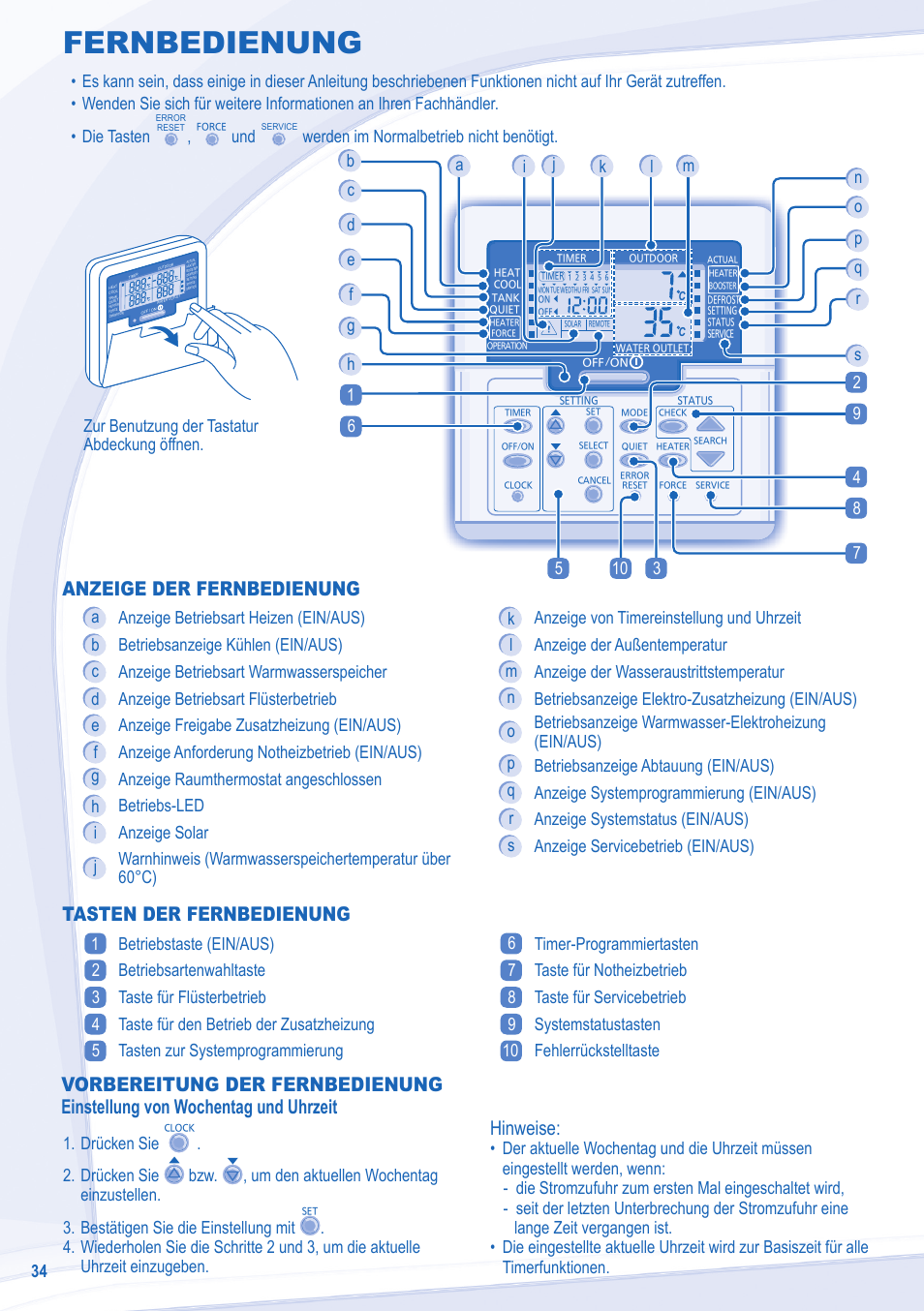 Fernbedienung, Anzeige der fernbedienung, Tasten der fernbedienung | Hinweise, Werden im normalbetrieb nicht benötigt | Panasonic WHMXC09D3E8 User Manual | Page 34 / 92