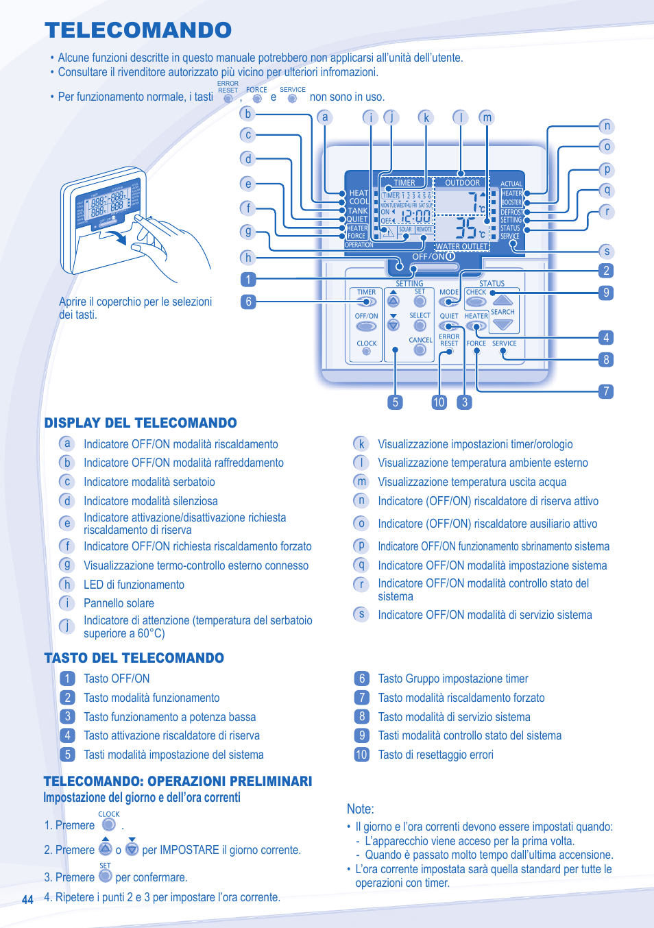Telecomando, Tasto del telecomando, Non sono in uso | Aprire il coperchio per le selezioni dei tasti | Panasonic WHMXC09D3E8 User Manual | Page 44 / 92