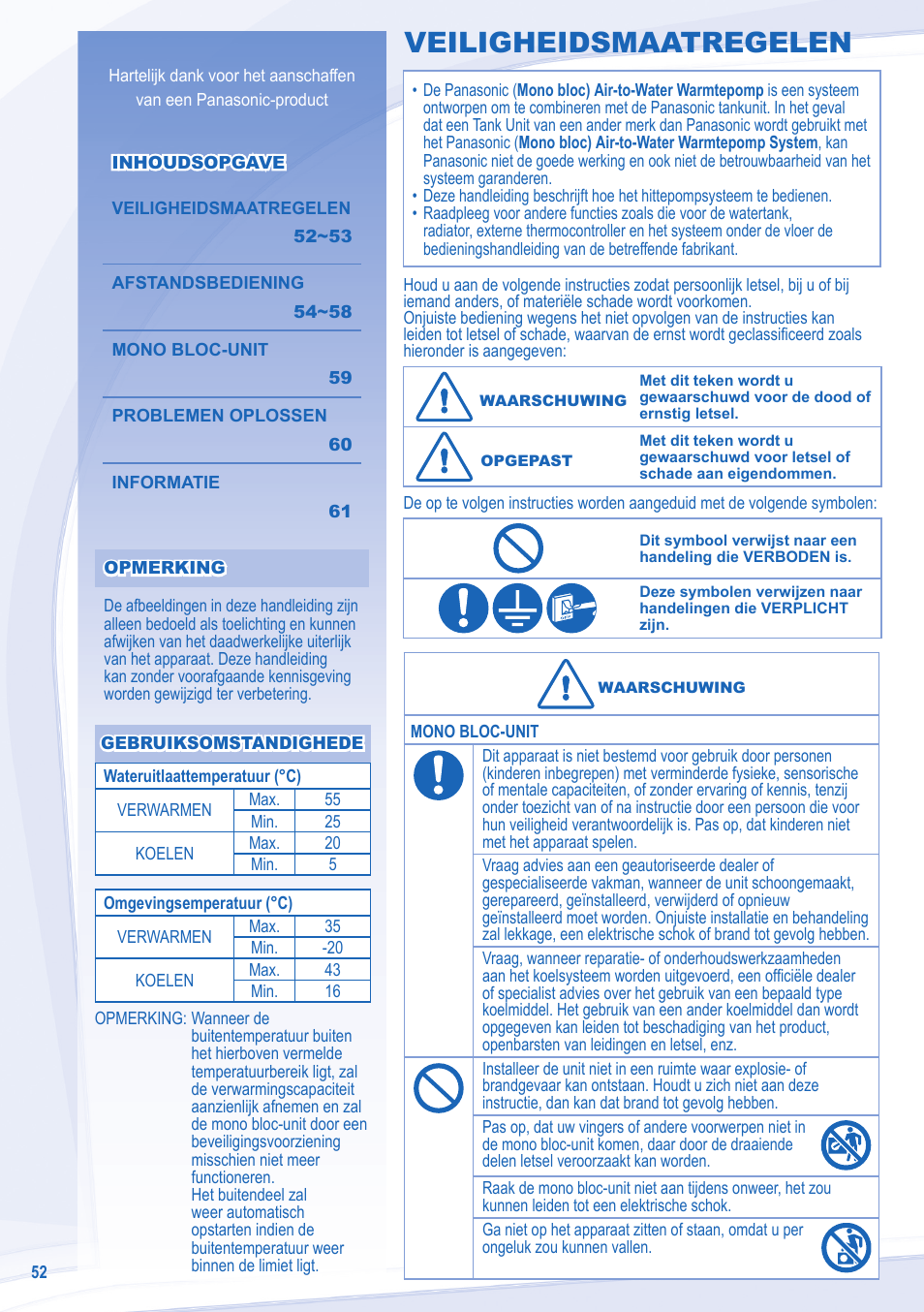 Veiligheidsmaatregelen | Panasonic WHMXC09D3E8 User Manual | Page 52 / 92