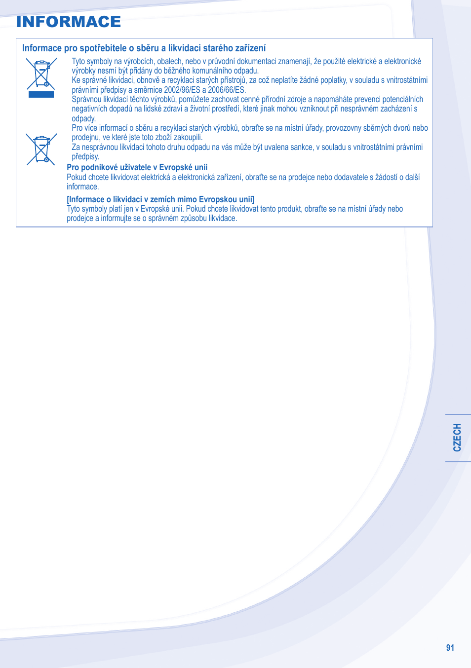 Informace | Panasonic WHMXC09D3E8 User Manual | Page 91 / 92