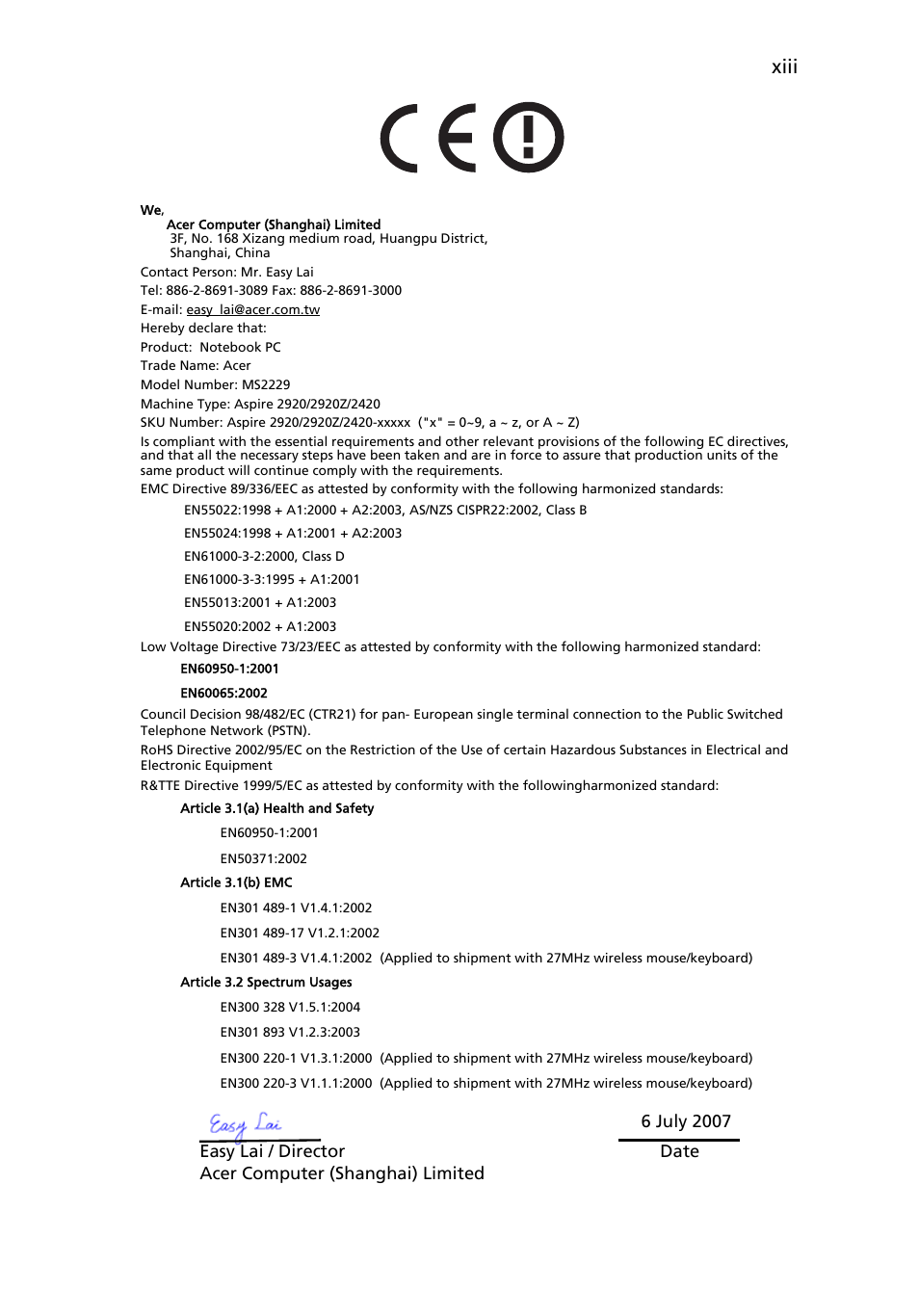 Declaration of conformity, Xiii | Aspire Digital 2420 User Manual | Page 13 / 112