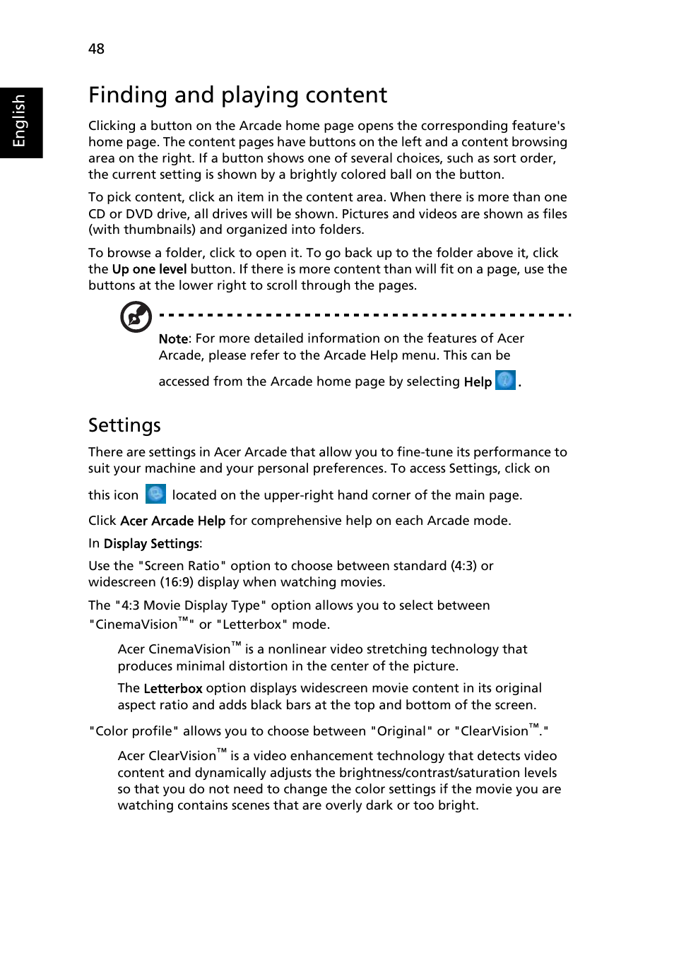 Finding and playing content, Settings | Aspire Digital 2420 User Manual | Page 70 / 112