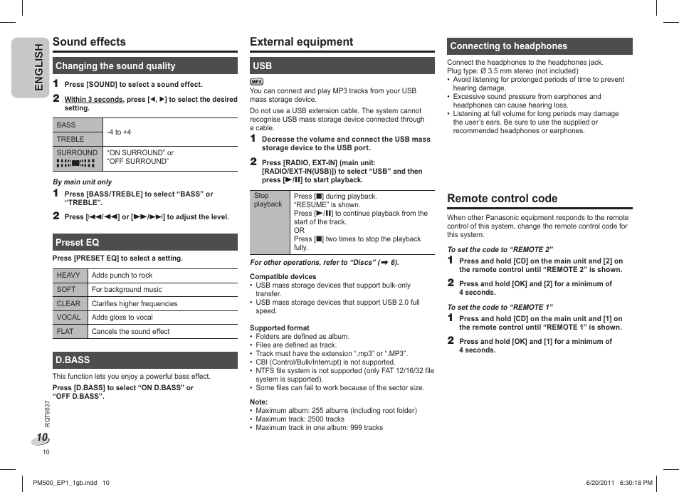 Sound effects, External equipment, Remote control code | Panasonic SCPM500EP User Manual | Page 10 / 72