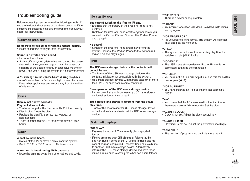 Troubleshooting guide, English | Panasonic SCPM500EP User Manual | Page 11 / 72