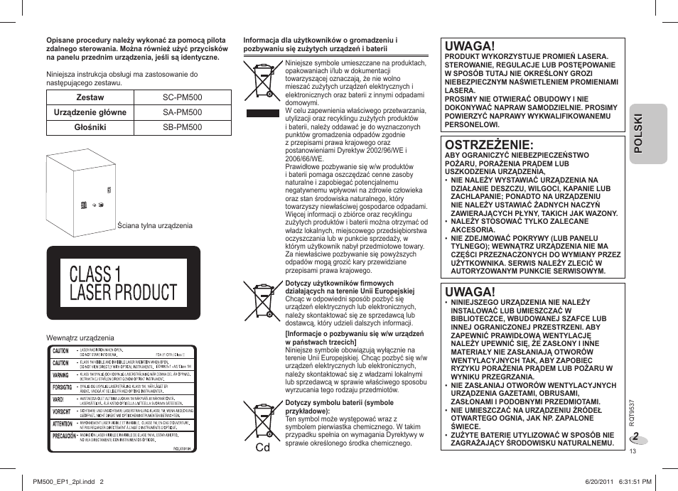 Uwaga, Ostrzeżenie, Polski | Panasonic SCPM500EP User Manual | Page 13 / 72
