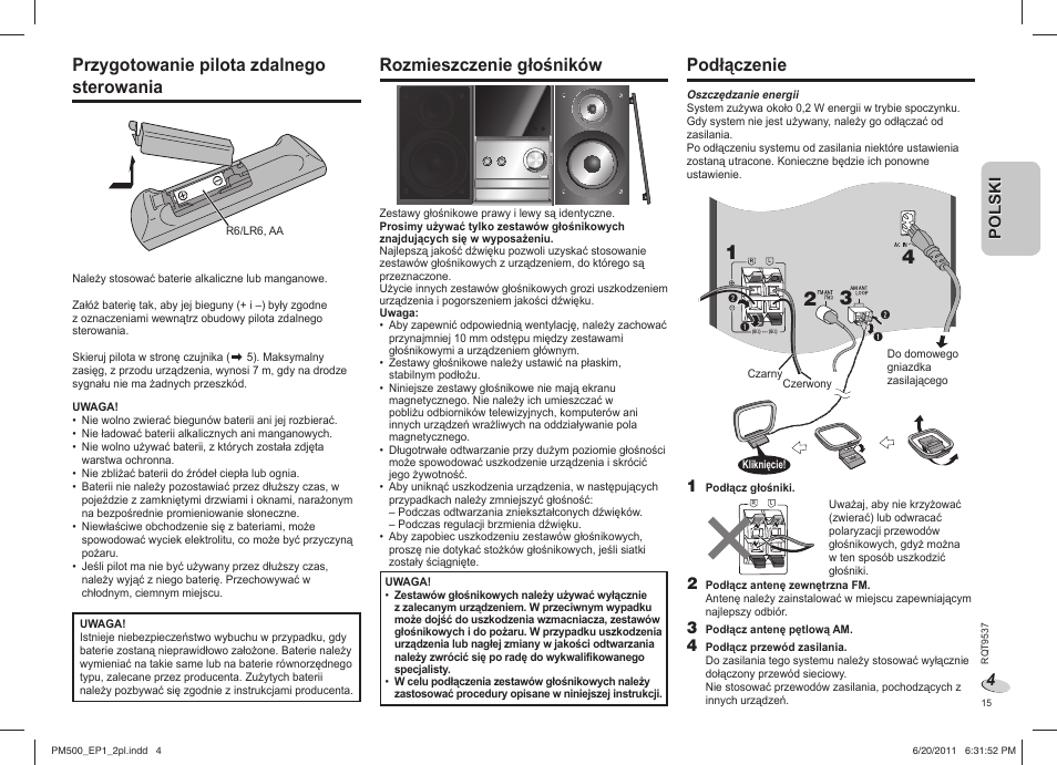 Przygotowanie pilota zdalnego sterowania, Rozmieszczenie głośników, Podłączenie | Polski | Panasonic SCPM500EP User Manual | Page 15 / 72