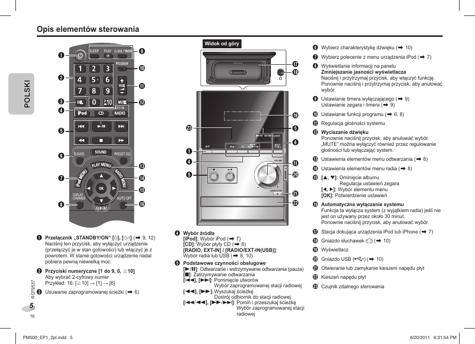 Opis elementów sterowania | Panasonic SCPM500EP User Manual | Page 16 / 72