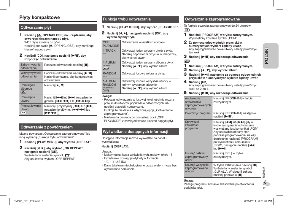 Płyty kompaktowe, Polski | Panasonic SCPM500EP User Manual | Page 17 / 72