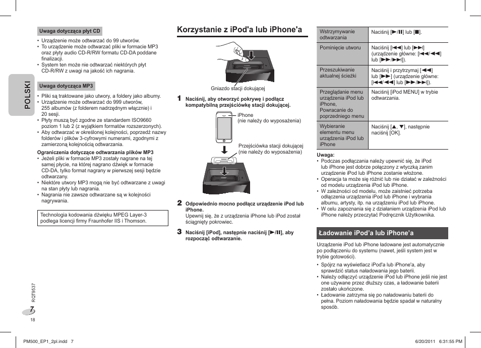 Korzystanie z ipod'a lub iphone'a, Polski | Panasonic SCPM500EP User Manual | Page 18 / 72