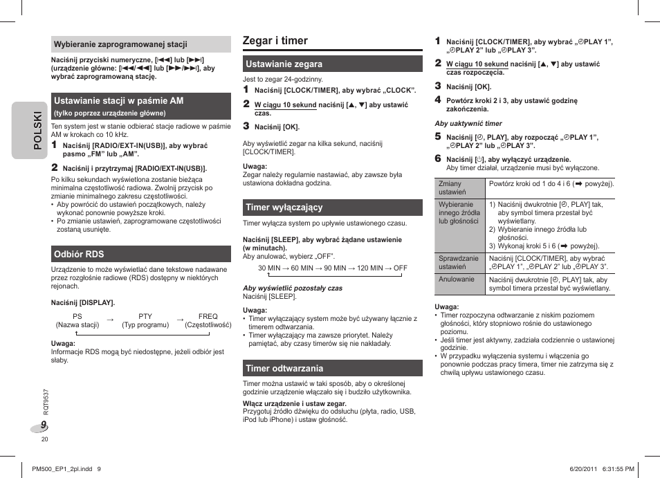 Zegar i timer | Panasonic SCPM500EP User Manual | Page 20 / 72