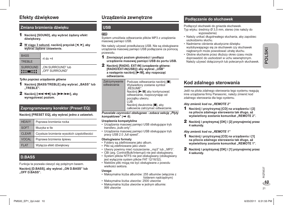 Efekty dźwiękowe, Urządzenia zewnętrzne, Kod zdalnego sterowania | Panasonic SCPM500EP User Manual | Page 21 / 72