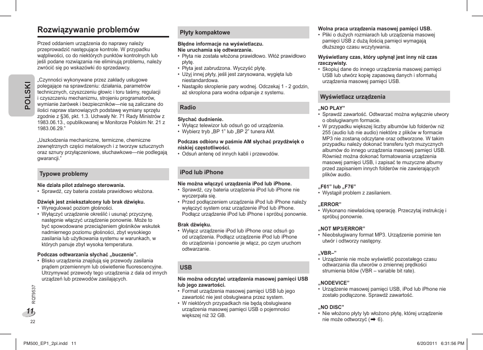 Rozwiązywanie problemów, Polski | Panasonic SCPM500EP User Manual | Page 22 / 72