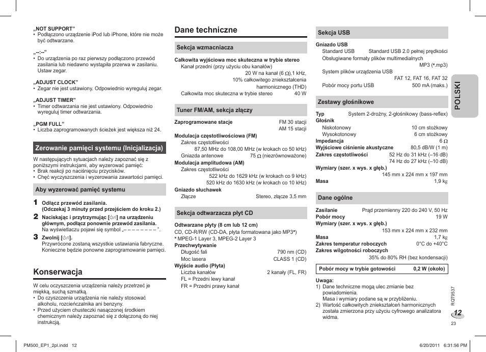 Konserwacja, Dane techniczne, Polski | Panasonic SCPM500EP User Manual | Page 23 / 72