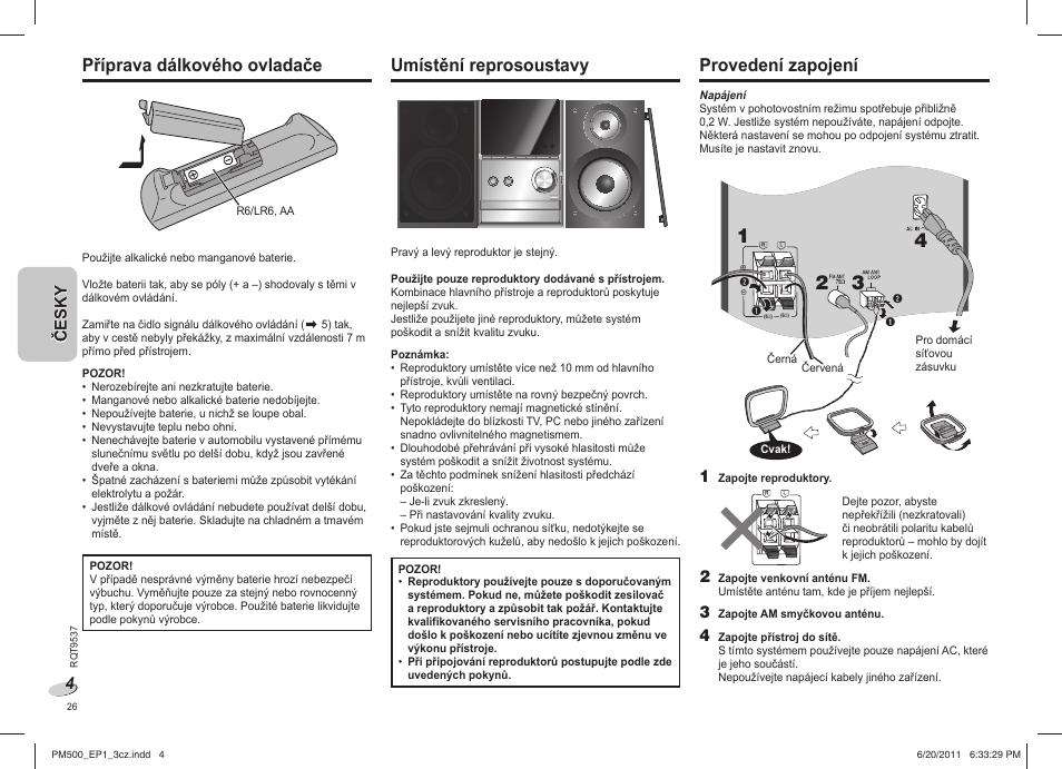 Příprava dálkového ovladače, Umístění reprosoustavy, Provedení zapojení | Panasonic SCPM500EP User Manual | Page 26 / 72