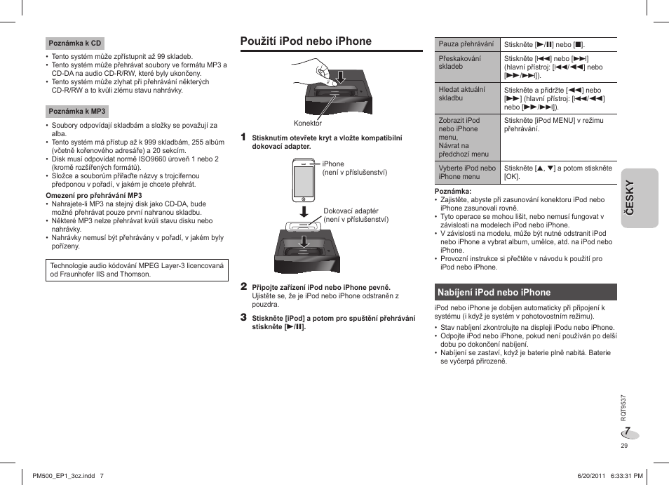 Použití ipod nebo iphone, Česky č esky | Panasonic SCPM500EP User Manual | Page 29 / 72