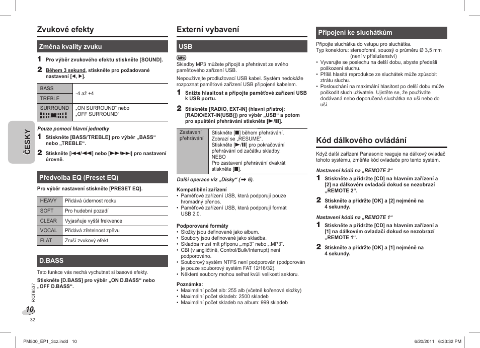 Zvukové efekty, Externí vybavení, Kód dálkového ovládání | Panasonic SCPM500EP User Manual | Page 32 / 72