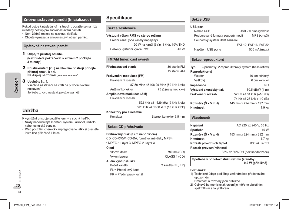 Údržba, Specifikace, Česky č esky | Panasonic SCPM500EP User Manual | Page 34 / 72
