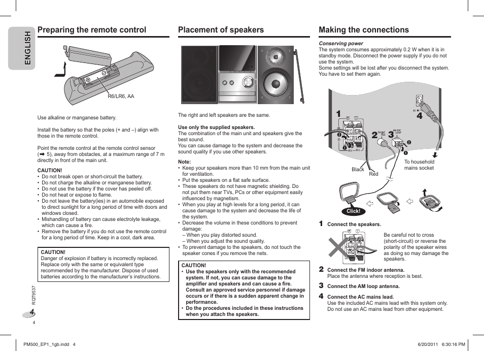 Preparing the remote control, Placement of speakers, Making the connections | English | Panasonic SCPM500EP User Manual | Page 4 / 72