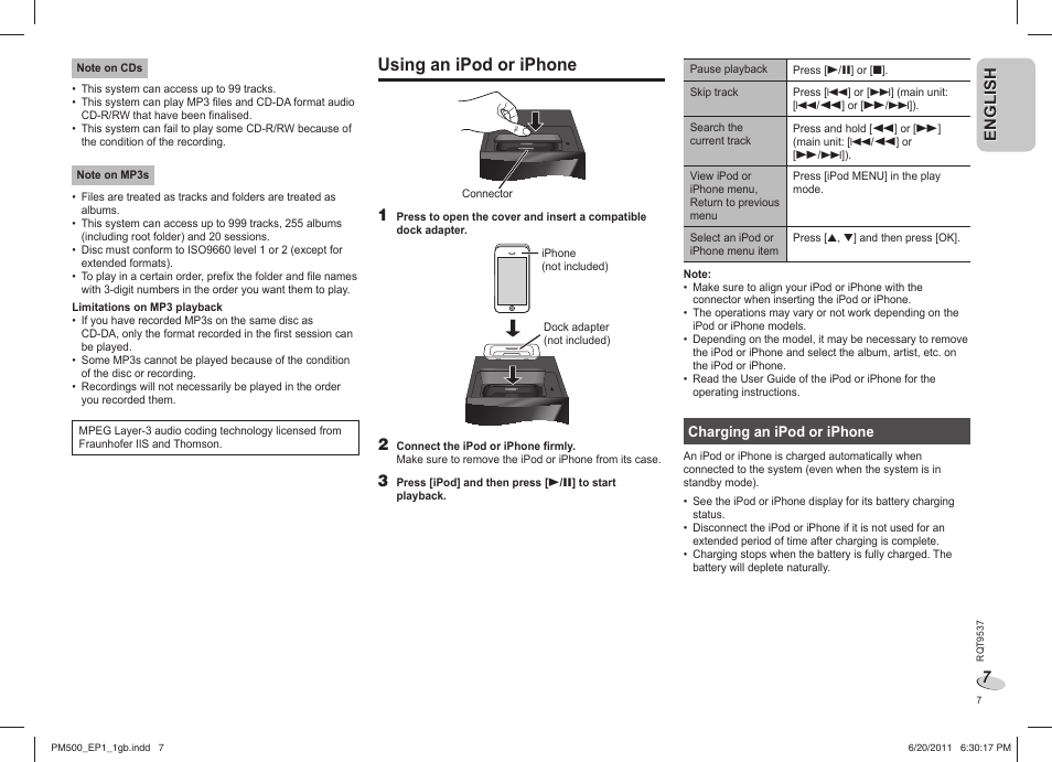 Using an ipod or iphone, English | Panasonic SCPM500EP User Manual | Page 7 / 72