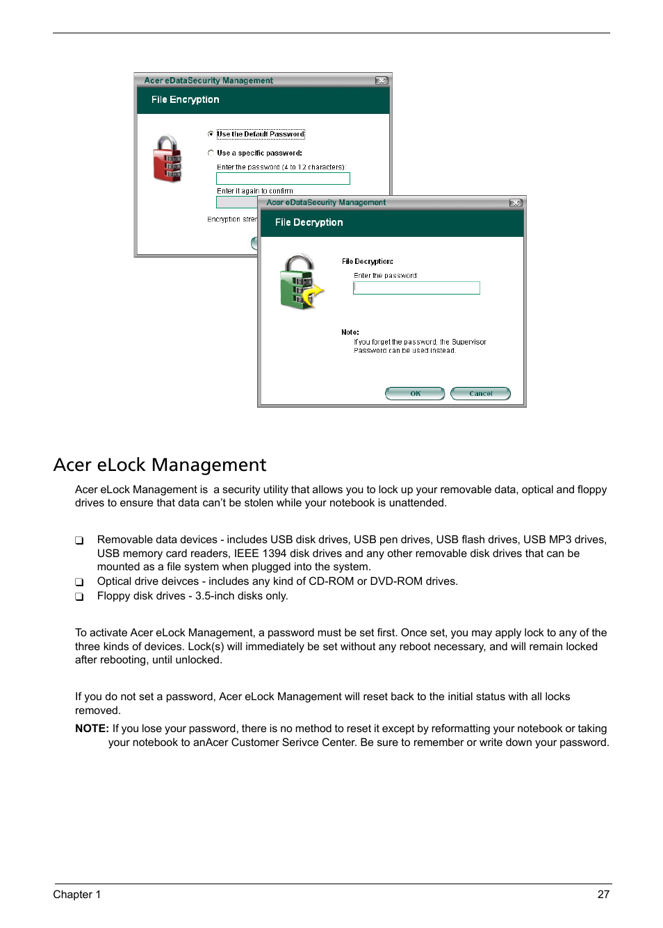 Acer elock management | Aspire Digital Aspire Travelemate 5680 User Manual | Page 33 / 167