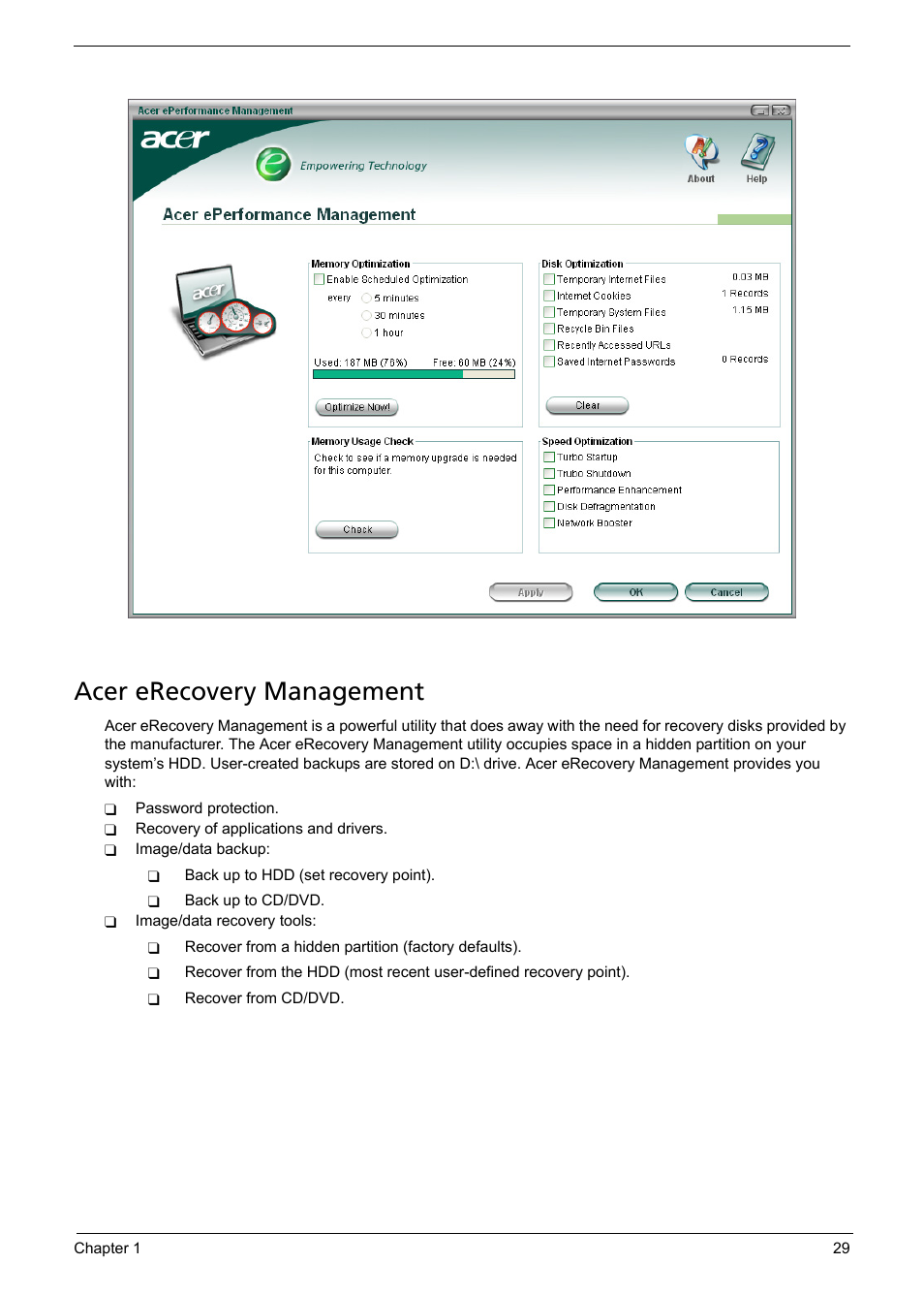 Acer erecovery management | Aspire Digital Aspire Travelemate 5680 User Manual | Page 35 / 167