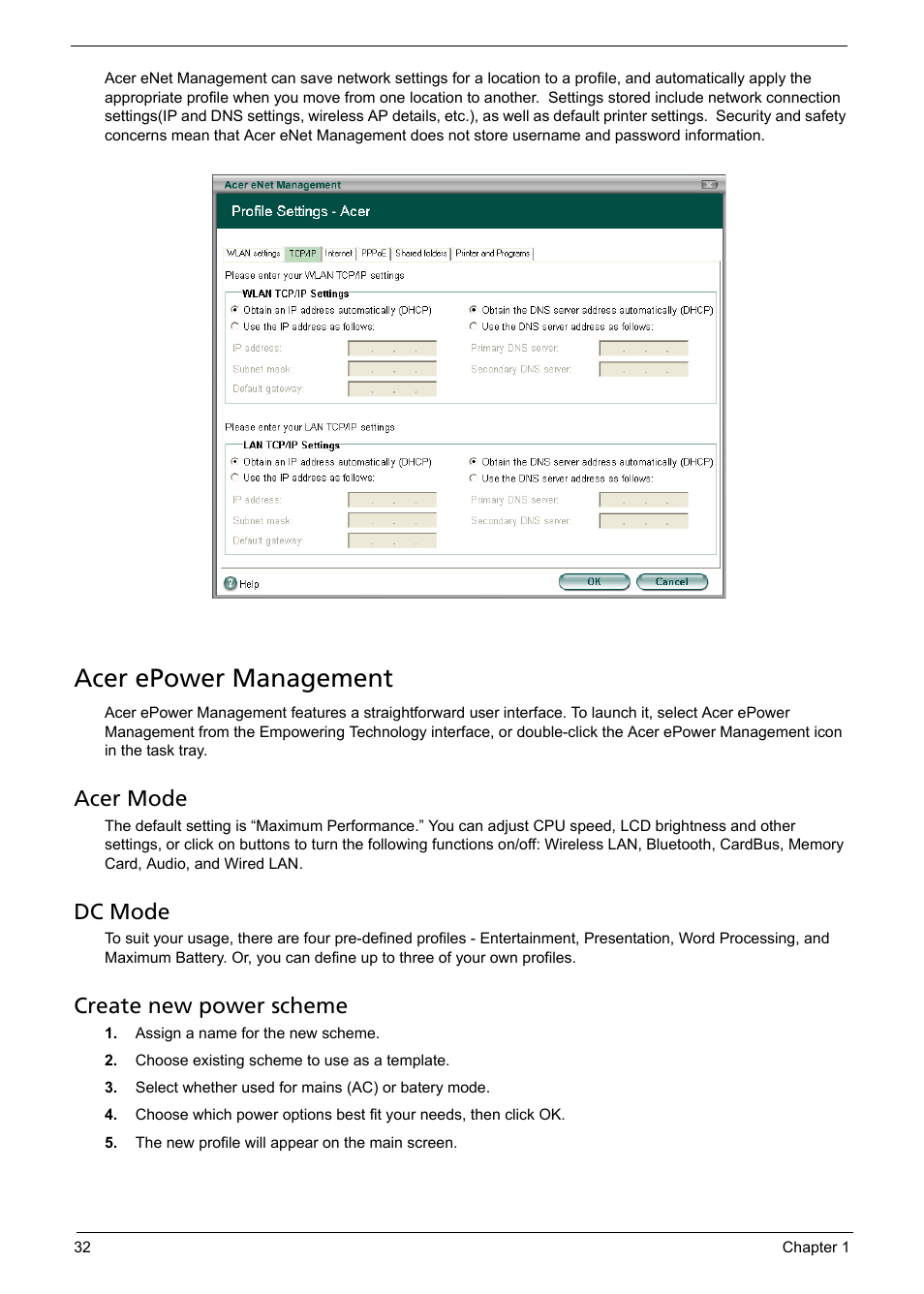 Acer epower management, Acer mode, Dc mode | Create new power scheme | Aspire Digital Aspire Travelemate 5680 User Manual | Page 38 / 167