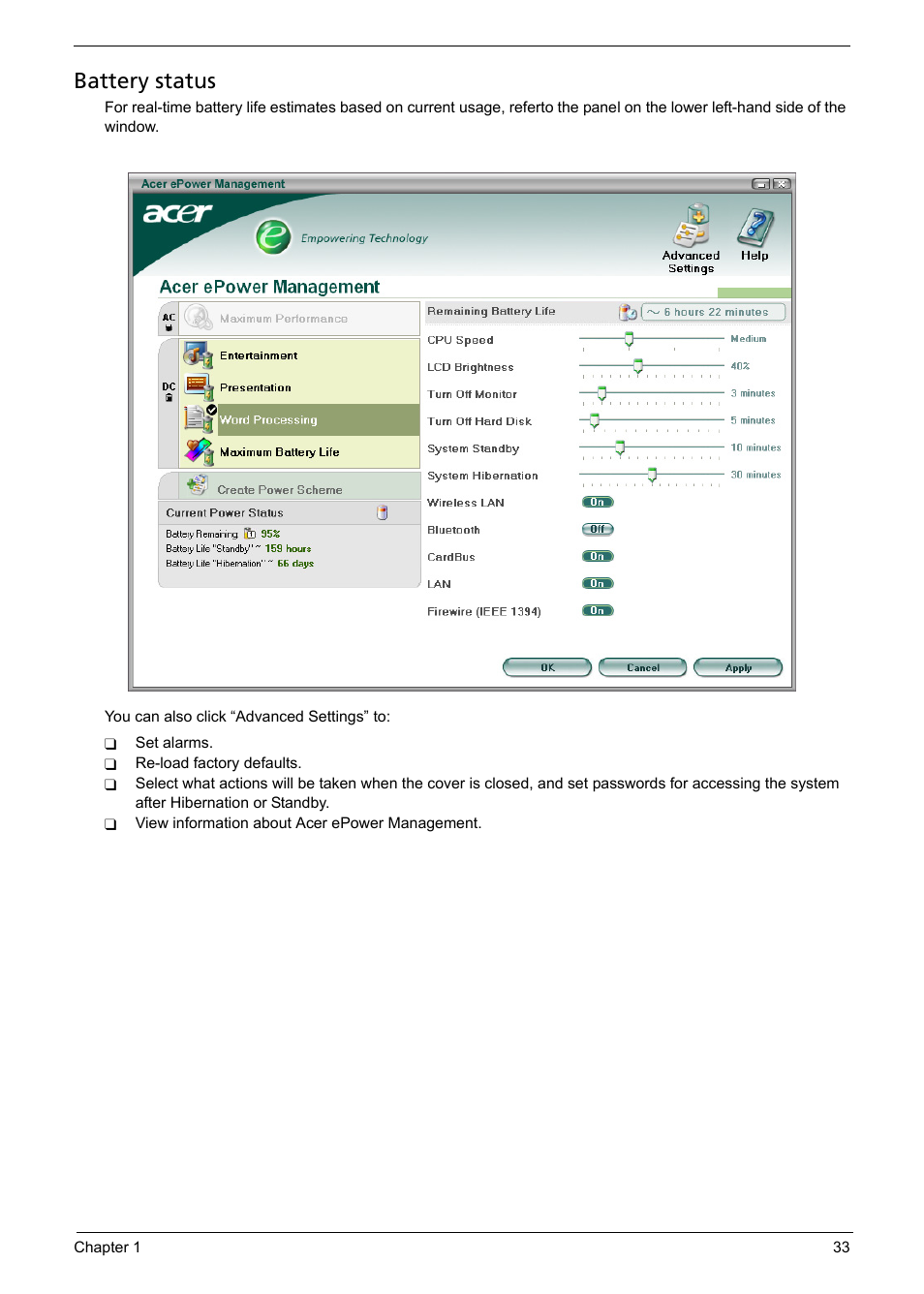 Battery status | Aspire Digital Aspire Travelemate 5680 User Manual | Page 39 / 167