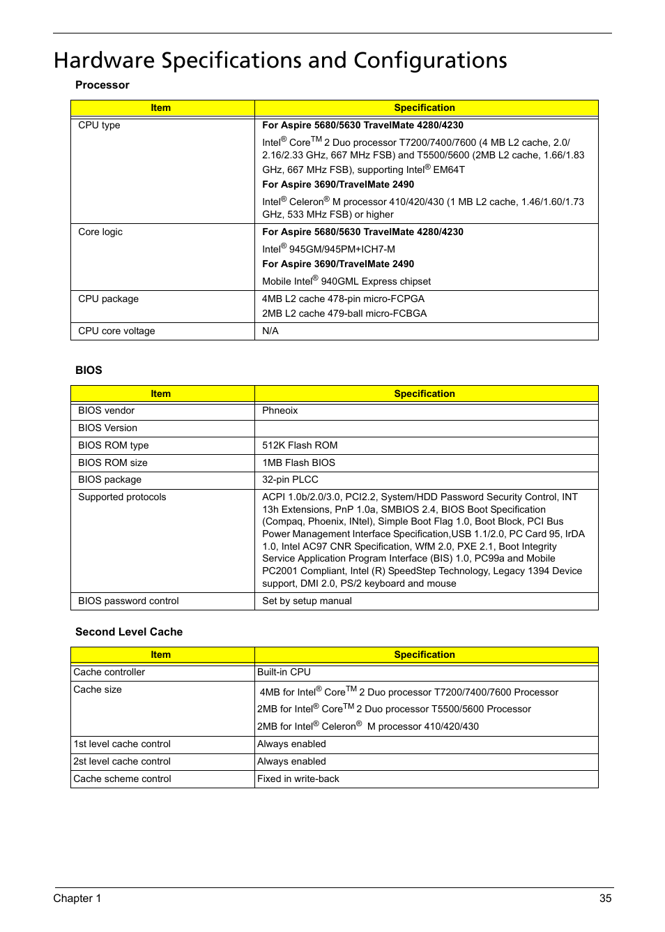 Hardware specifications and configurations | Aspire Digital Aspire Travelemate 5680 User Manual | Page 41 / 167