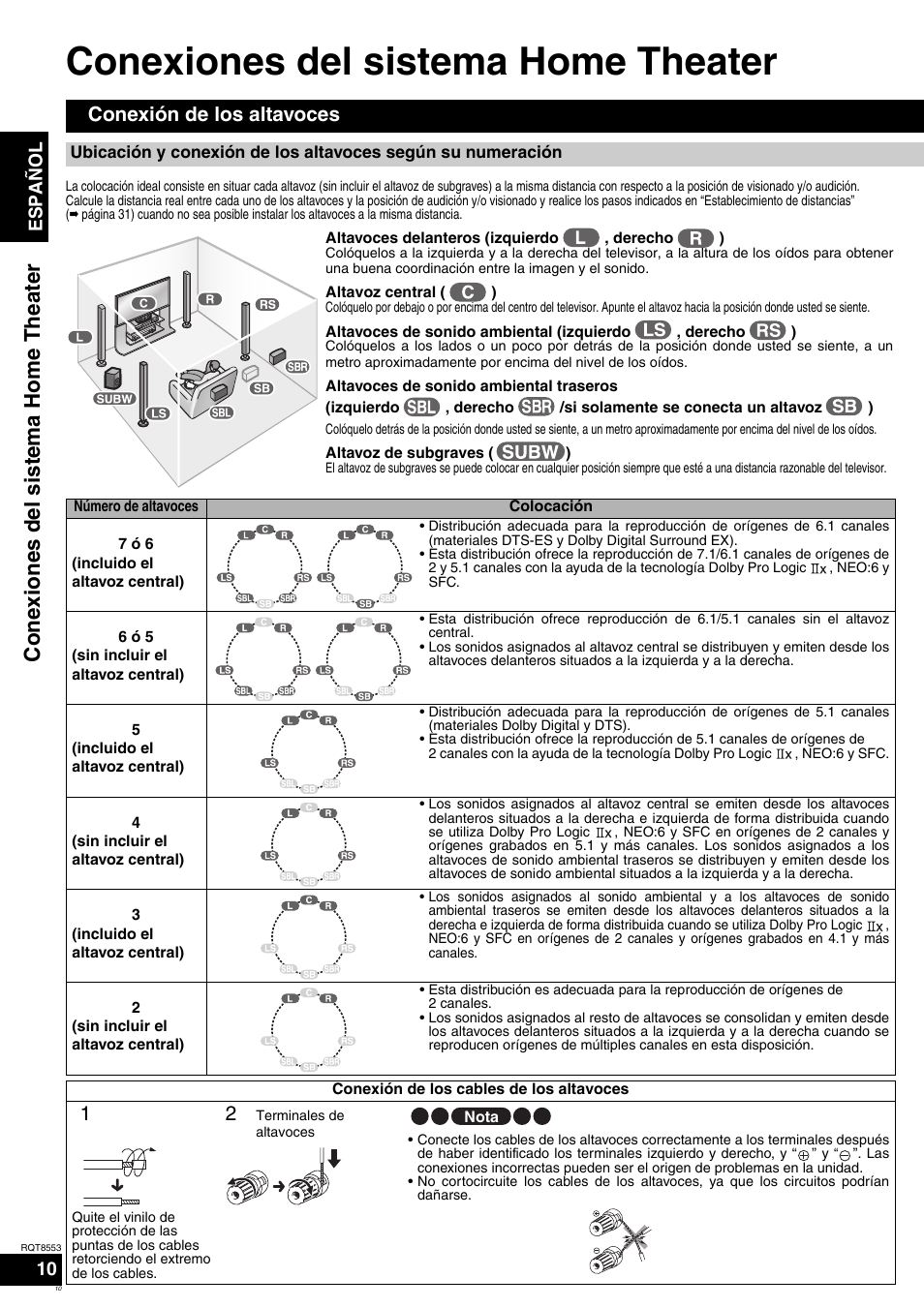 Conexiones del sistema home theater, Conexi ones del sist ema home theater, Conexión de los altavoces | Español | Panasonic SAXR57 User Manual | Page 10 / 160