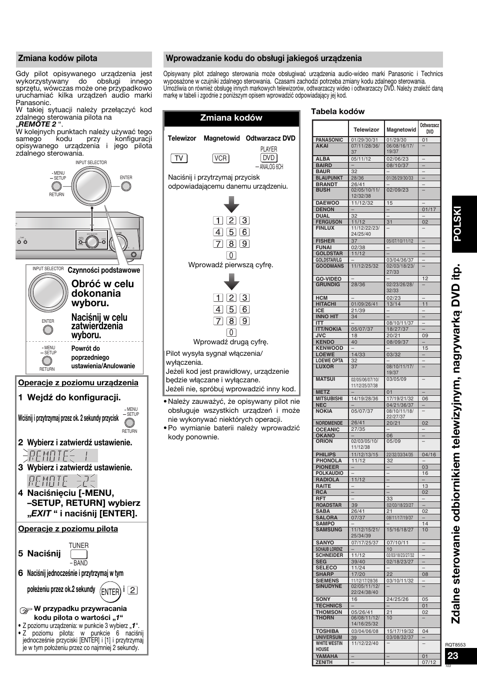 Polski, Zmiana kodów pilota, Enter | Zmiana kodów, Wprowadzanie kodu do obsługi jakiegoœ urządzenia, Czynnoœci podstawowe, Operacje z poziomu urządzenia, Operacje z poziomu pilota, Tabela kodów | Panasonic SAXR57 User Manual | Page 103 / 160