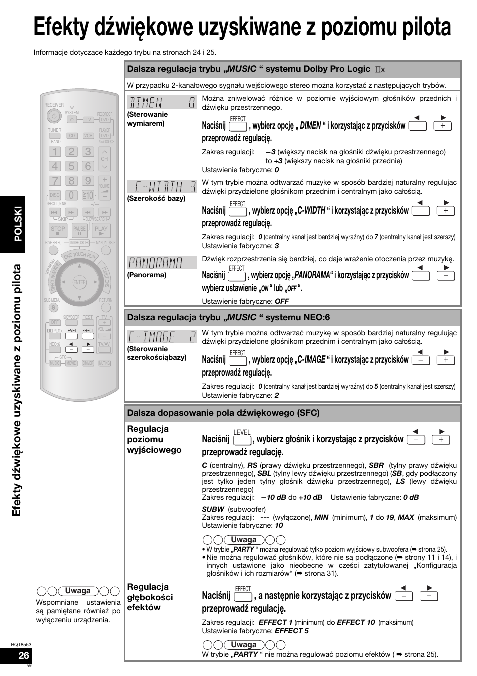 Efekty dÿwiękowe uzyskiwane z poziomu pilota, Efekty dÿwi ę kowe uzyskiwane z poziomu pilota, Polski | Panasonic SAXR57 User Manual | Page 106 / 160