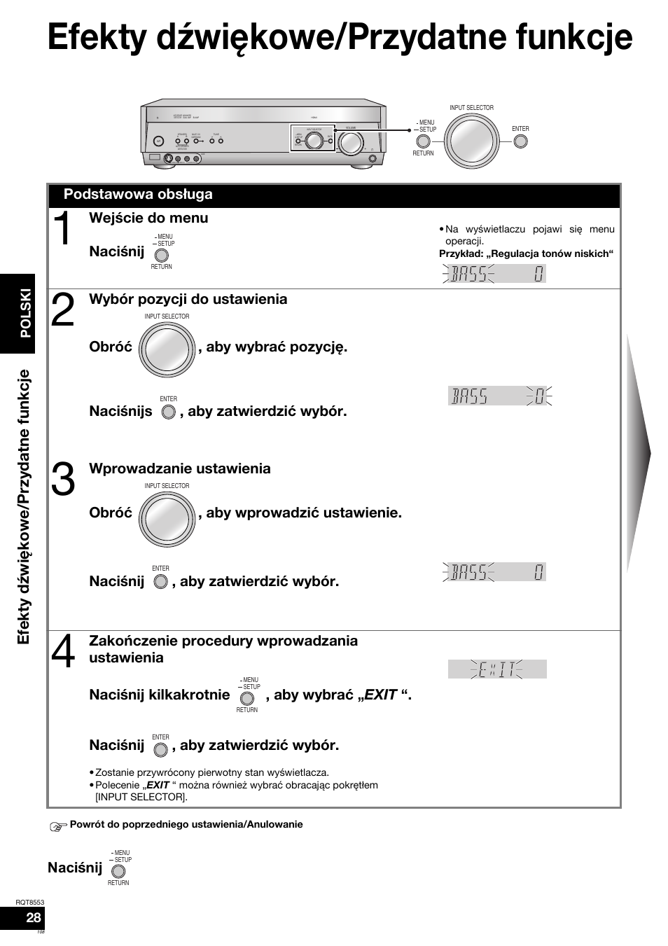 Efekty dÿwiękowe/przydatne funkcje, Efekty dÿwi ę kowe/przydatne funkcje, Naciœnij | Podstawowa obsługa, Wejœcie do menu naciœnij, Polski | Panasonic SAXR57 User Manual | Page 108 / 160