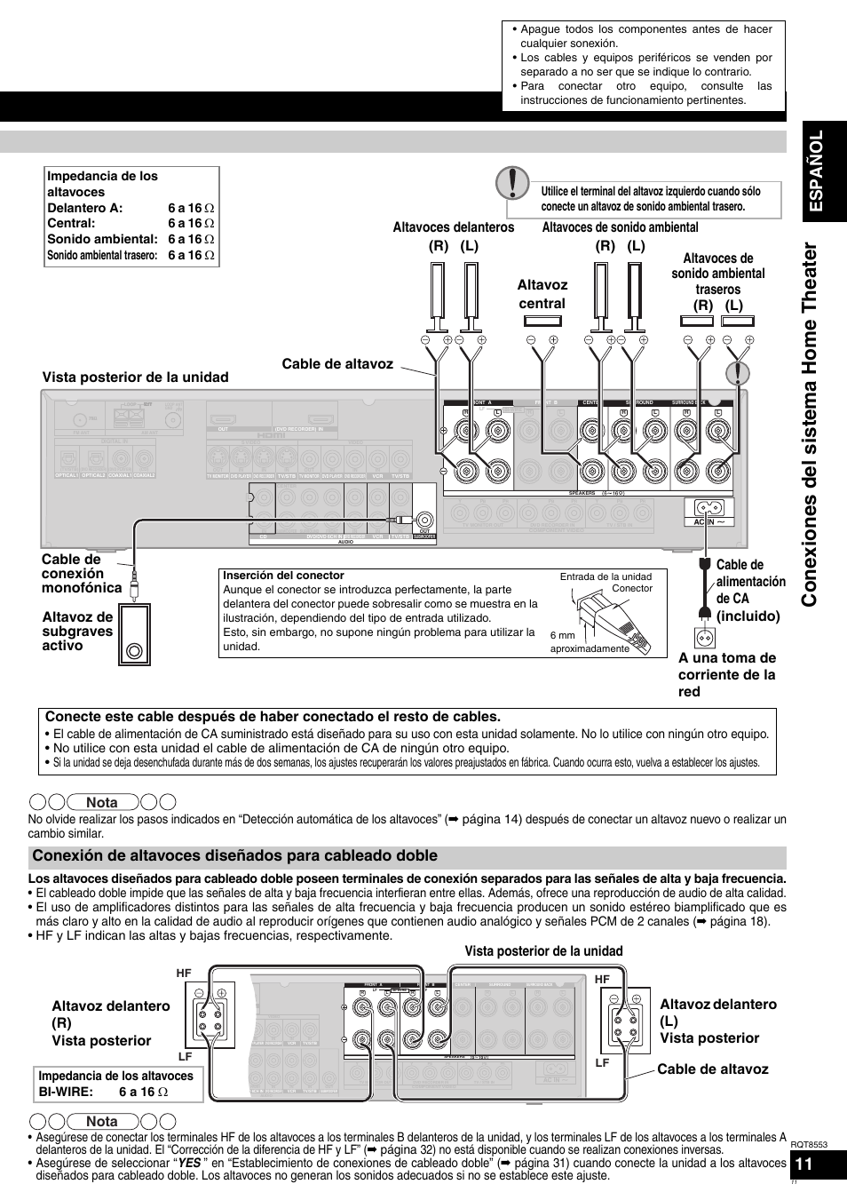 Conexi ones del sist ema home theater, Español 11, Nota | A una toma de corriente de la red, Cable de altavoz, Impedancia de los altavoces bi-wire: 6 a 16 ω, Hf lf lf | Panasonic SAXR57 User Manual | Page 11 / 160