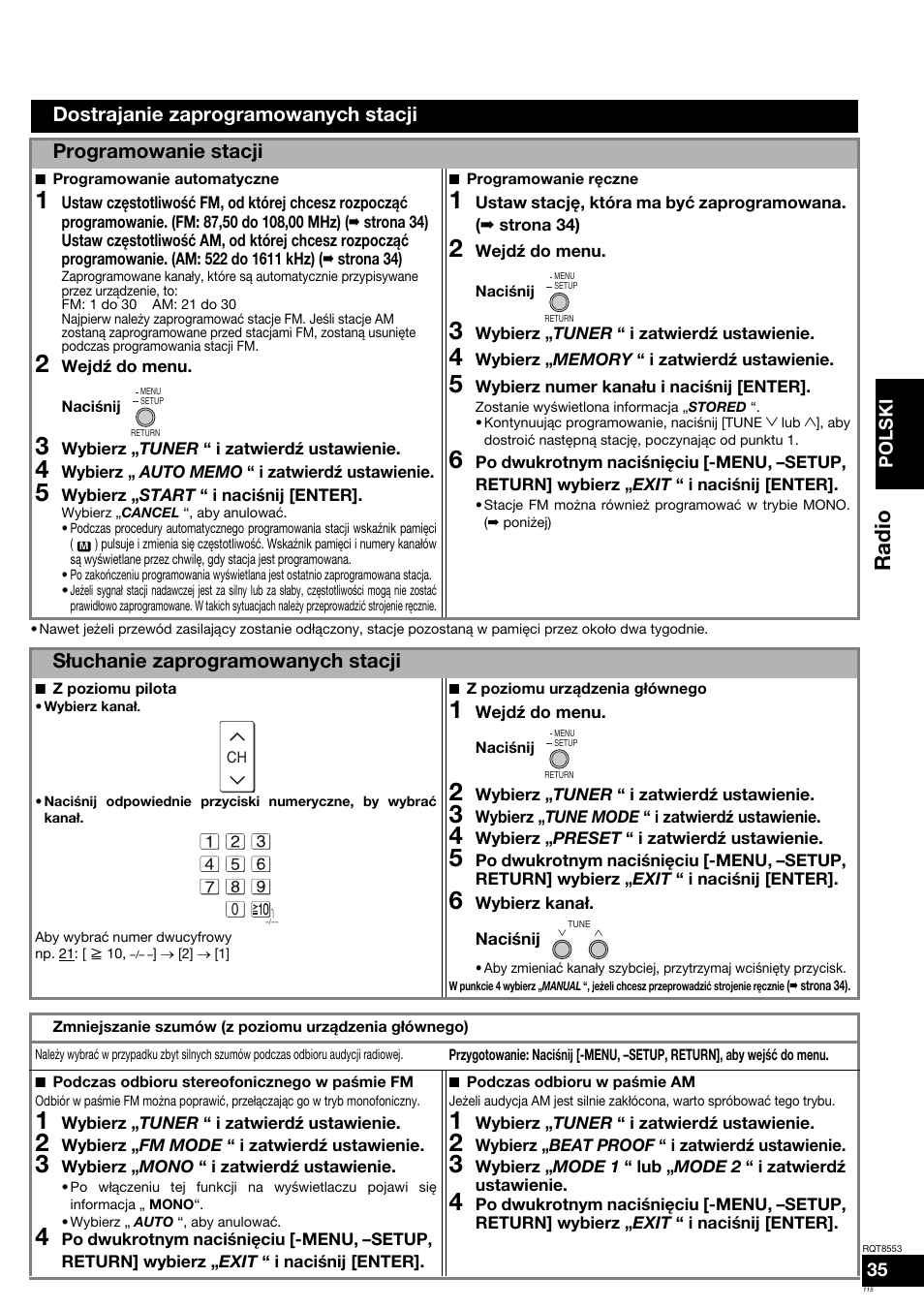 Radio, Słuchanie zaprogramowanych stacji | Panasonic SAXR57 User Manual | Page 115 / 160